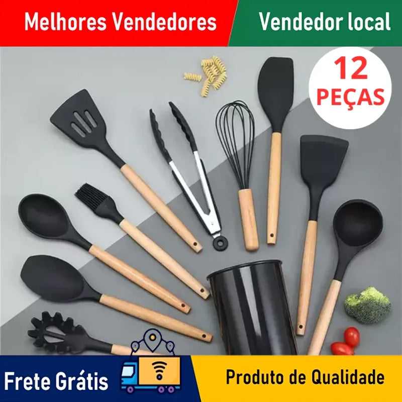 KIT de Cozinha Conjunto com 12 peças Jogo de Utensilios Culinários Cabo de Madeira Antiaderente Envio Rápido para todo Brasil