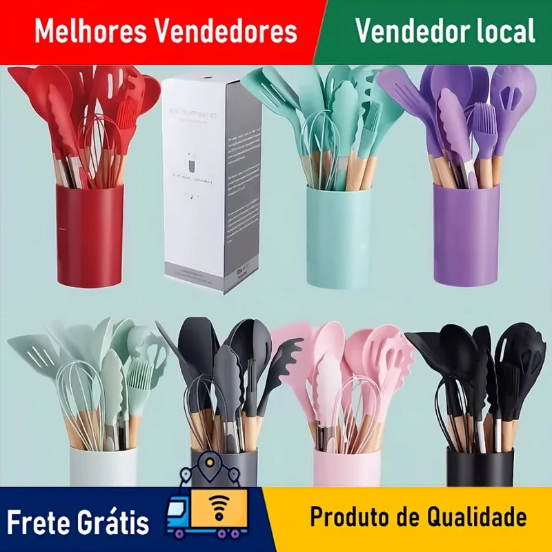 KIT de Cozinha Conjunto com 12 peças Jogo de Utensilios Culinários Cabo de Madeira Antiaderente Envio Rápido para todo Brasil