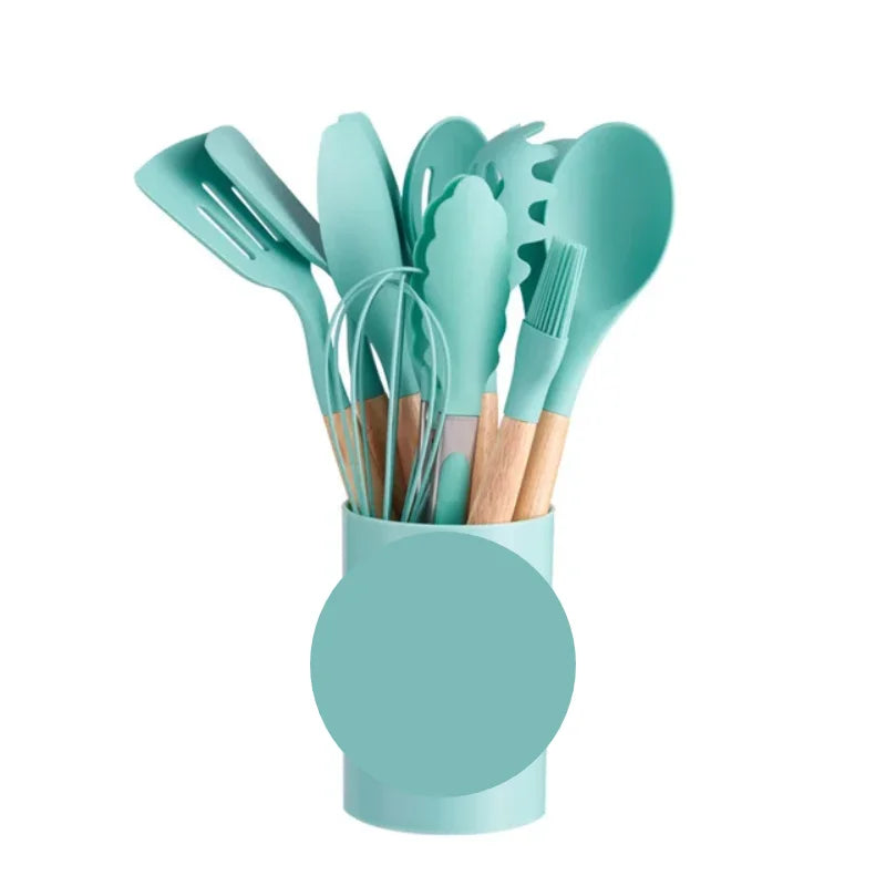 KIT de Cozinha Conjunto com 12 peças Jogo de Utensilios Culinários Cabo de Madeira Antiaderente Envio Rápido para todo Brasil
