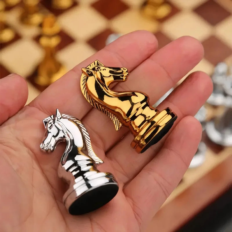 Deluxe Wooden checkerboard Set 30cm/11.81in Portable folding checkerboard with weight zinc alloy pieces Ideal for Christmas