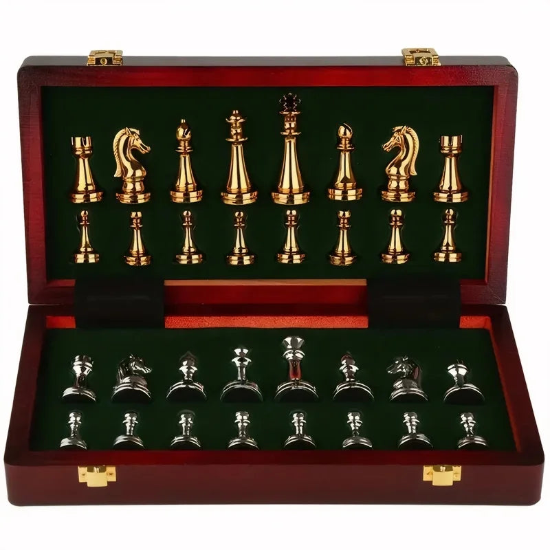 Deluxe Wooden checkerboard Set 30cm/11.81in Portable folding checkerboard with weight zinc alloy pieces Ideal for Christmas