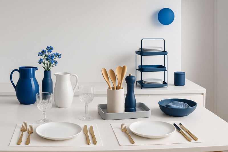 Coleção para Cozinha Gourmet. 
Detalhes minimalista em azul para lembrar a marca. (Dica: Mesa posta, talhares, copos, jarras, organizadores, etc... )
